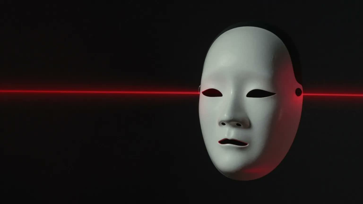 Porcelain noh mask crossed by a vermilion light line in a dark void