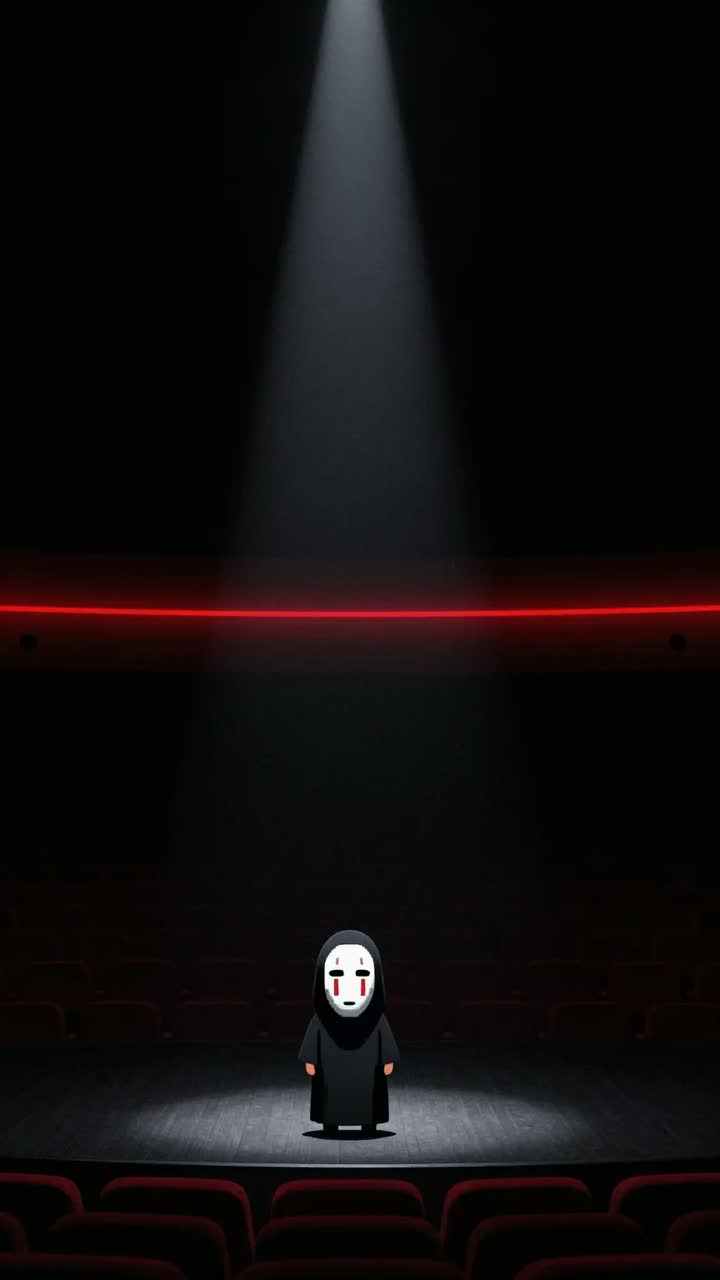 Small pixel-art masked spirit standing on a dark stage under a spotlight